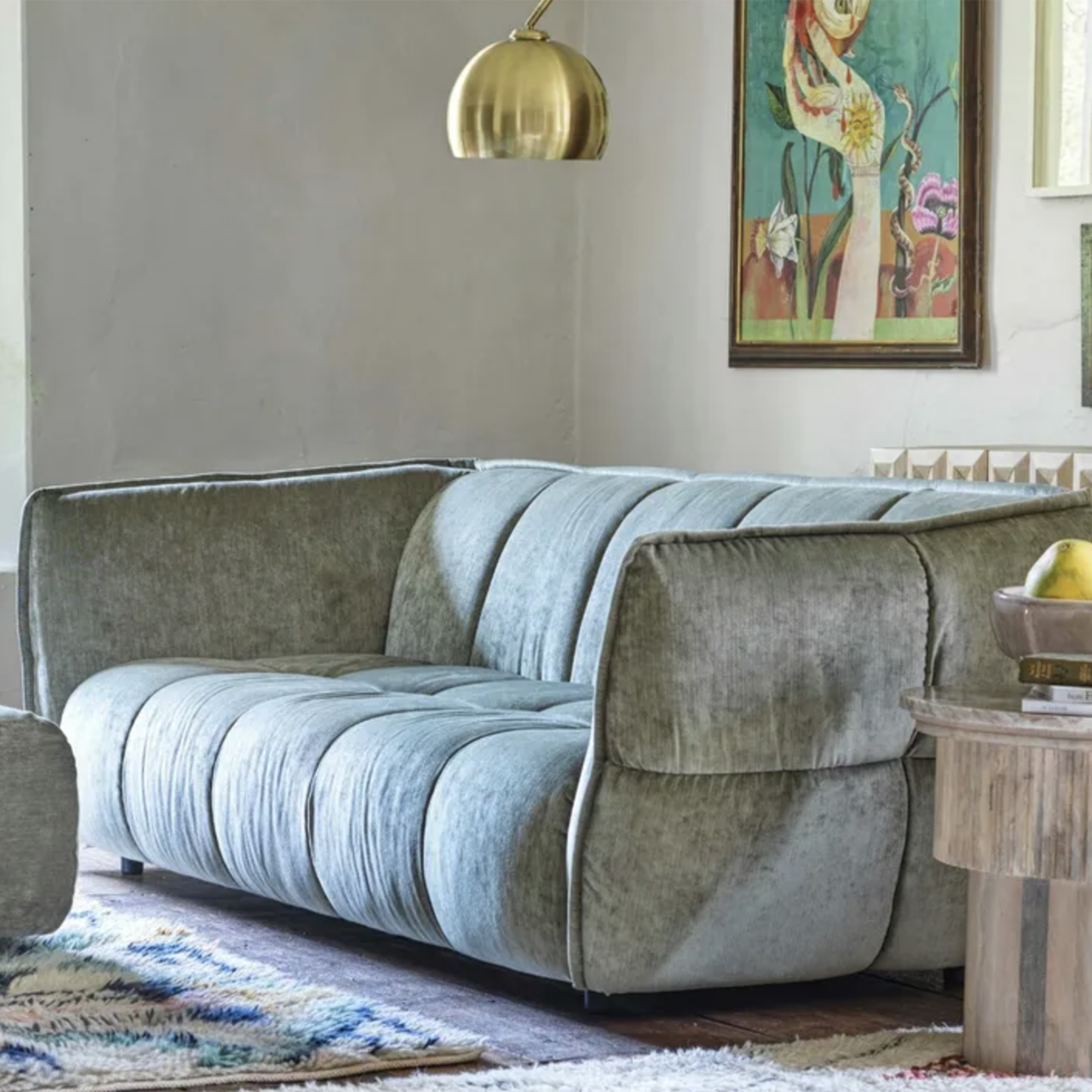 modern grey sofa in a grey living room