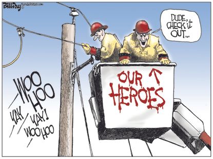 Editorial cartoon U.S. hurricanes Harvey Irma heroes