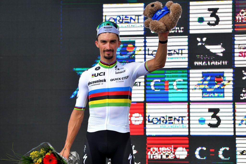 PLOUAY FRANCE AUGUST 29 Julian Alaphilippe of France and Team Deceuninck QuickStep celebrates winning the second place on the podium ceremony after the 85th Bretagne Classic OuestFrance 2021 a 251km race from Plouay to Plouay OuestFrance on August 29 2021 in Plouay France Photo by Luc ClaessenGetty Images