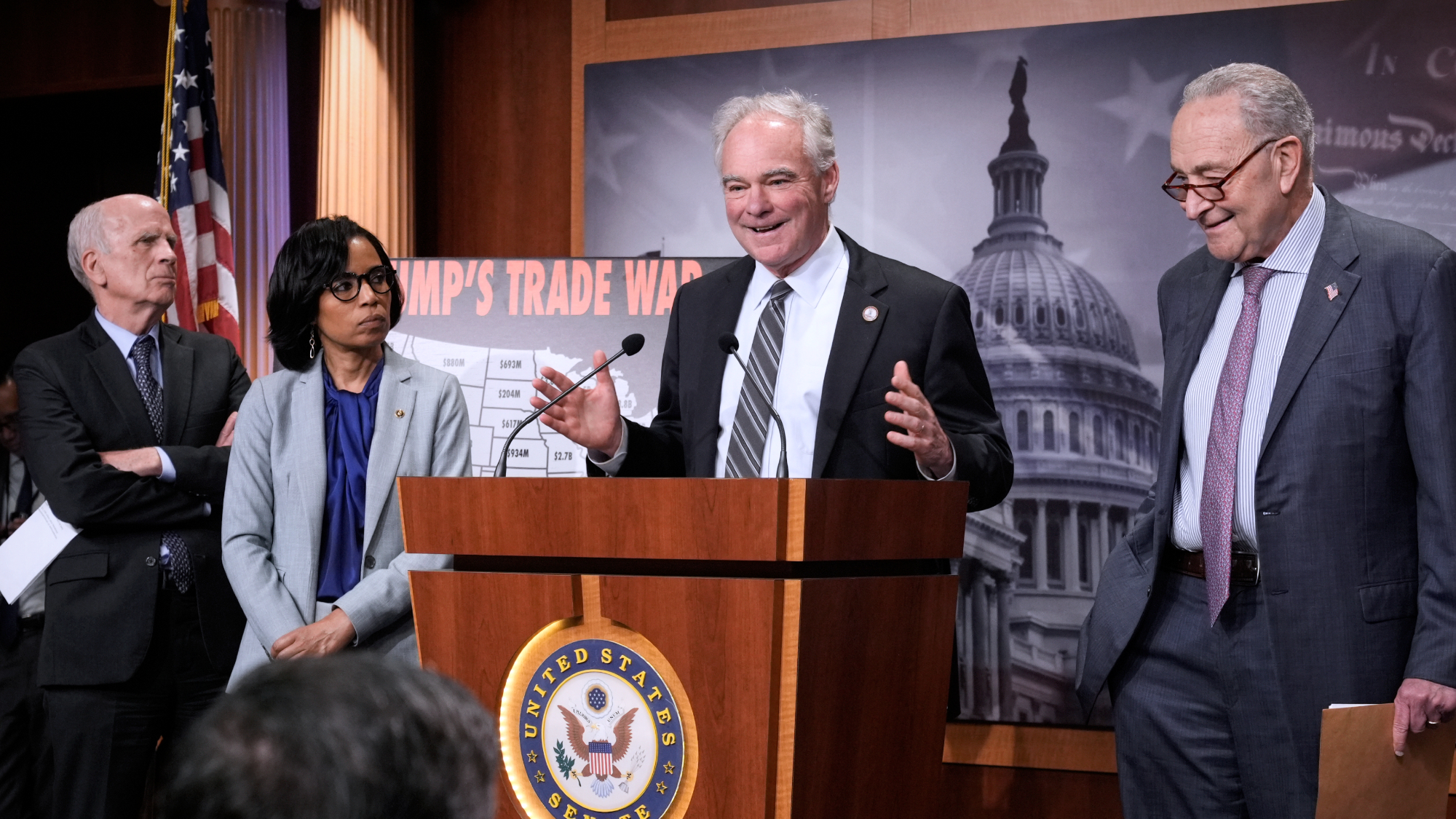 Sen. Tim Kaine (D-Va.) and other Senate Democrats criticized President Donald Trump's tariffs
