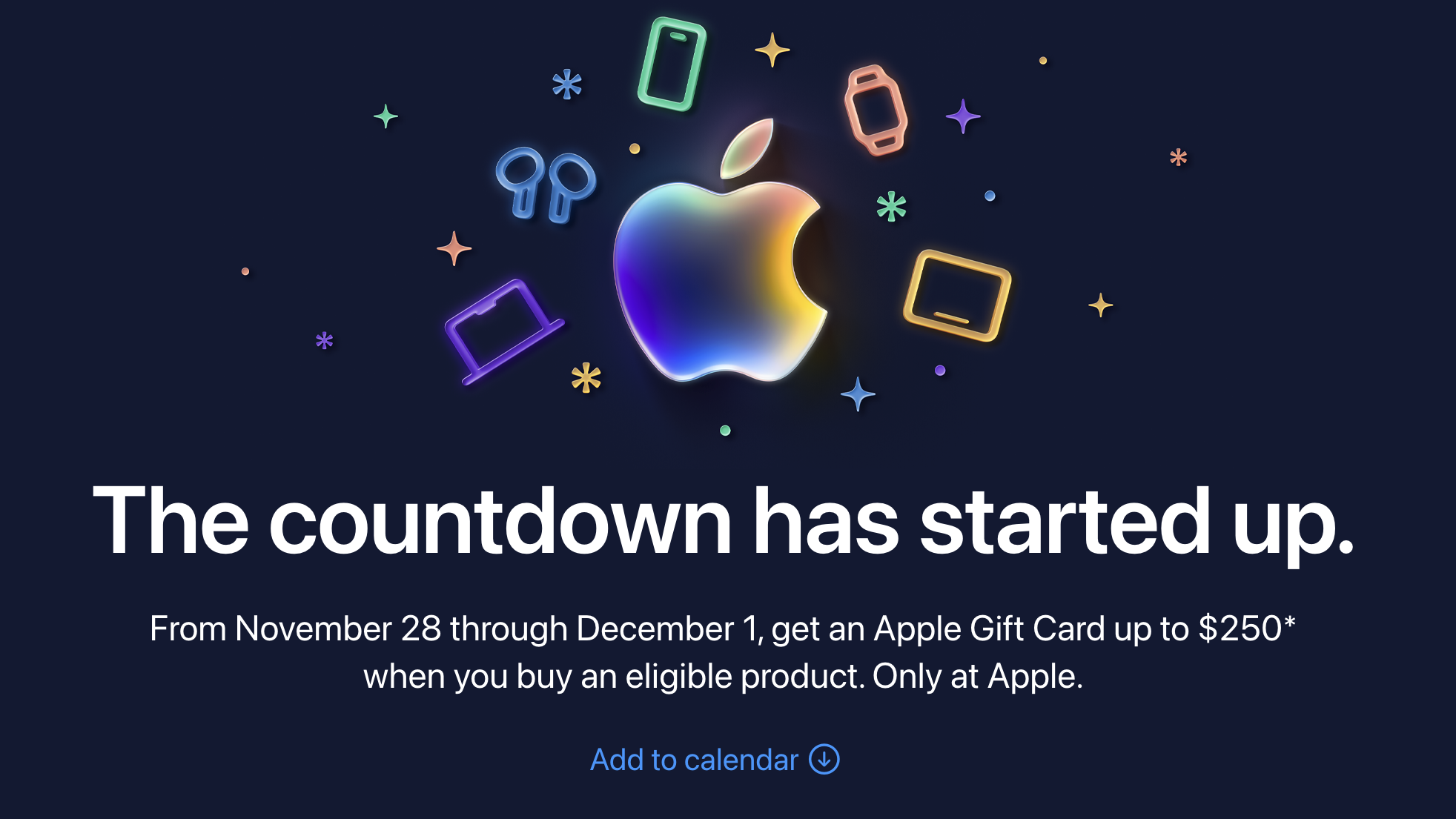 Apple page announcing the countdown has started up with details of its Black Friday deals (gift cards only available at Apple)