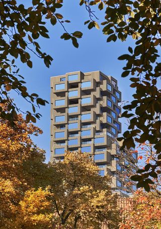 A modern high-rise residential building is pictured through a leafy foreground.