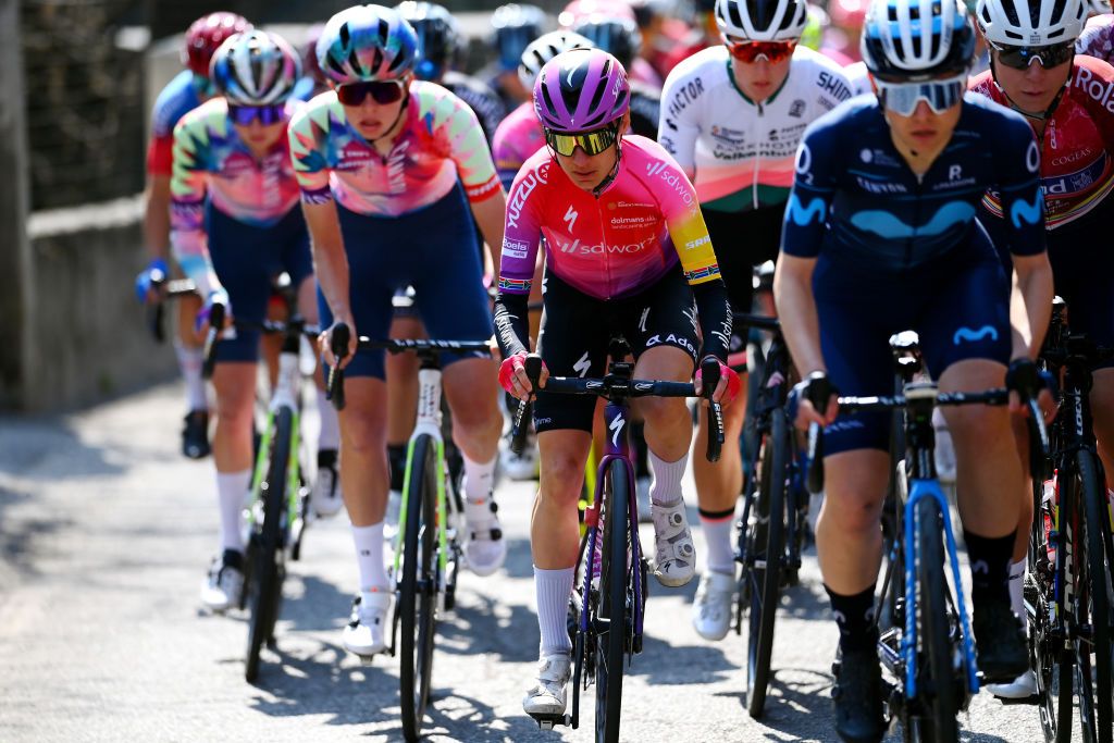 CITTIGLIO ITALY MARCH 20 Ashleigh Moolman Pasio of South Africa and Team SD Worx competes during the 46th Trofeo Alfredo BindaComune di Cittiglio 2021 Womens Elite a 1418km one day race from Cocquio Trevisago to Cittiglio TrBinda UCIWWT on March 20 2022 in Cittiglio Italy Photo by Tim de WaeleGetty Images