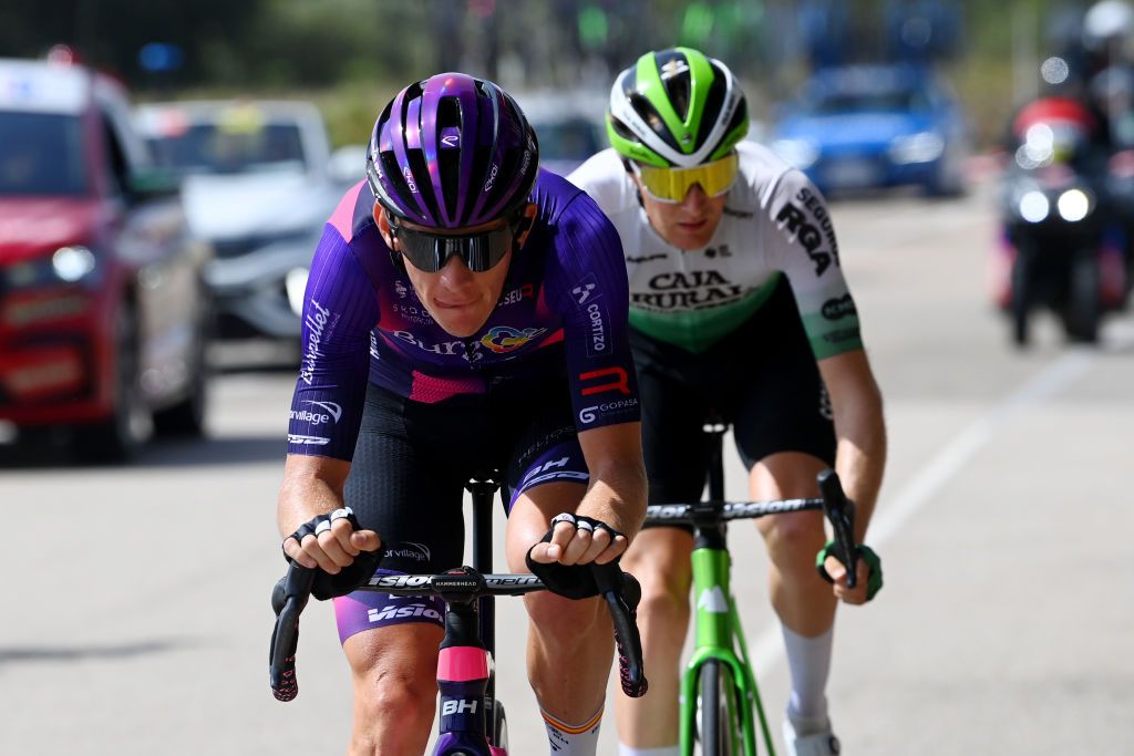 ZARAGOZA SPAIN SEPTEMBER 07 LR Jetse Bol of The Netherlands and Team BurgosBH and Abel Balderstone of Spain and Team Caja Rural Seguros RGA compete in the breakaway during the 78th Tour of Spain 2023 Stage 12 a 1506km from lvega to Zaragoza UCIWT on September 07 2023 in Zaragoza Spain Photo by Tim de WaeleGetty Images