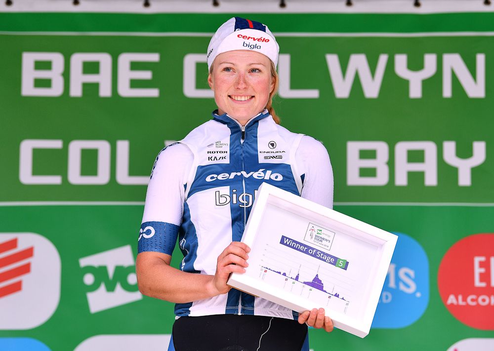 Lotta Lepisto (Cervelo-Bigla Pro Cycling) on the OVO Energy Women's Tour podium after winning the final stage