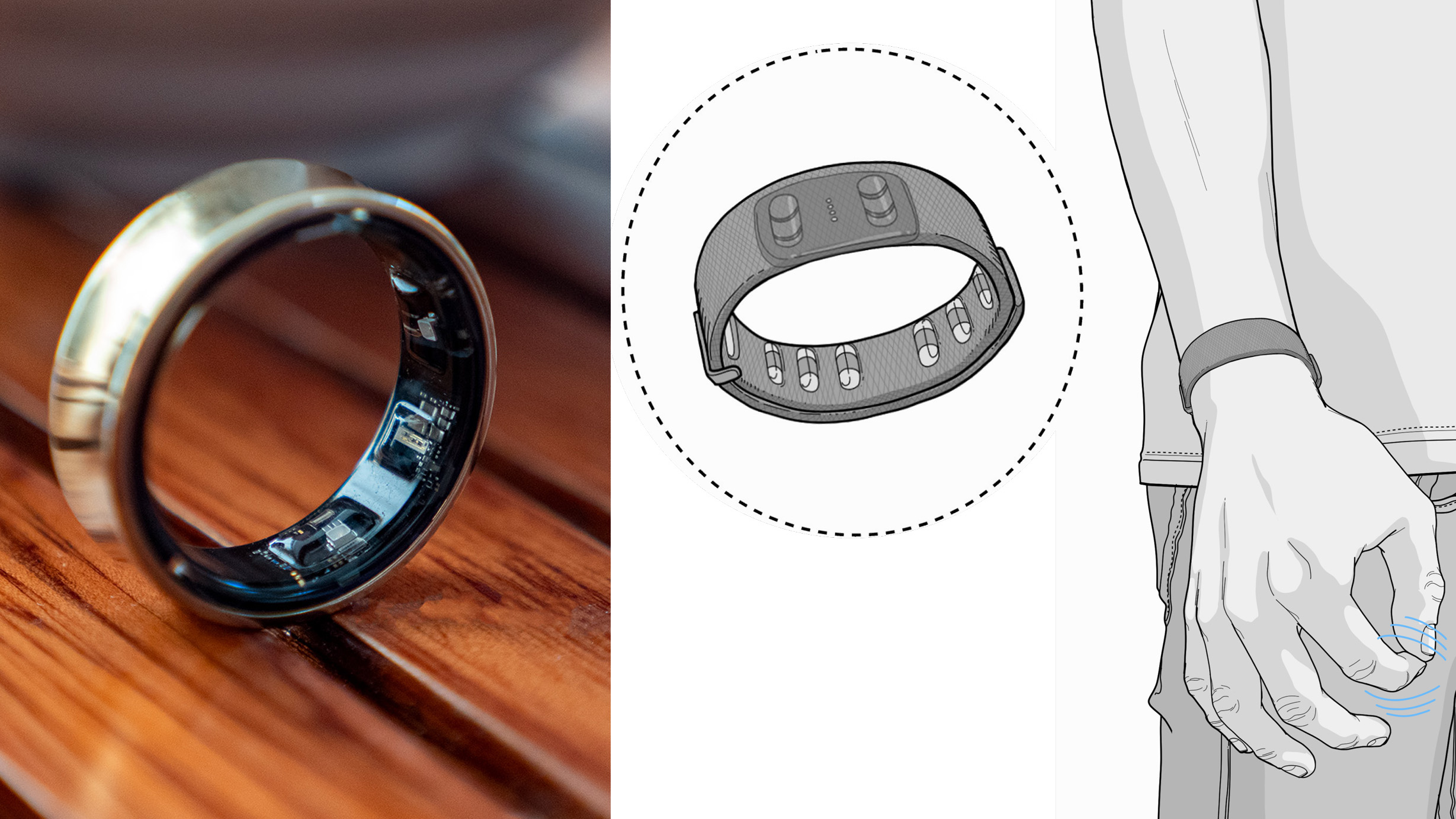 A photo of a Samsung Galaxy Ring taken by Nicholas Sutrich next to an illustration of a Meta sEMG band provided by Meta