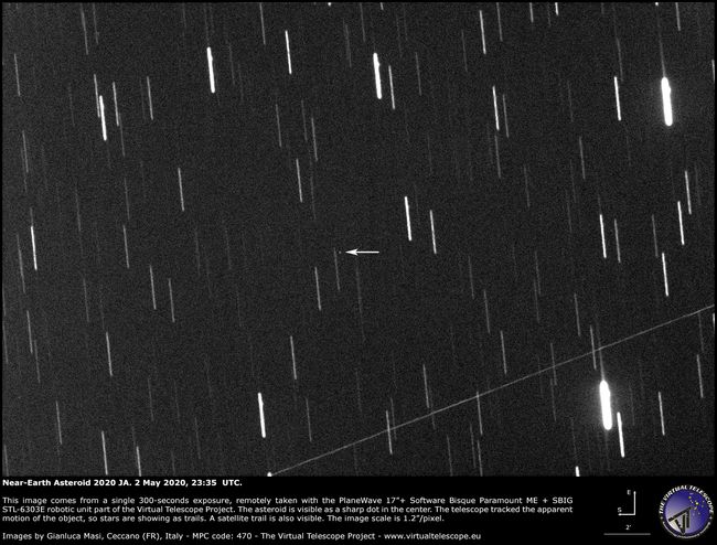 Astrophysicist Gianluca Masi captured this image of the newfound asteroid 2020 JA from Ceccano, Italy on May 2, 2020. The asteroid fly within 148,000 miles of Earth on May 3.