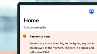 A laptop screen showing a payments issue on Nationwide