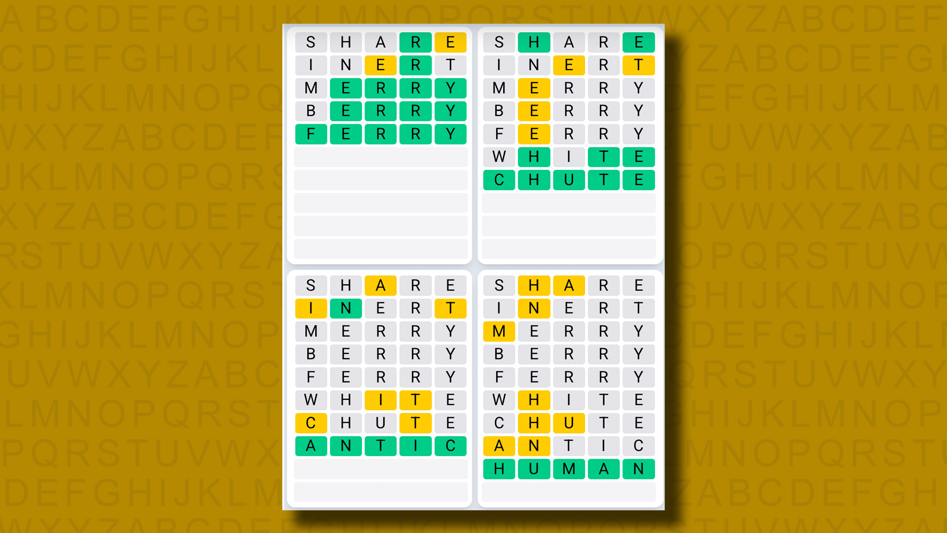 Quordle Daily Sequence answers for game 1151 on a yellow background