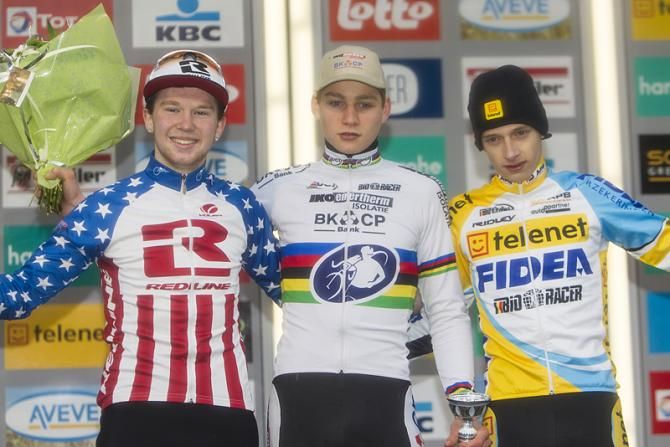 The Superprestige Diegem junior podium: Logan Owen, Mathieu van der Poel, Quinten Hermans