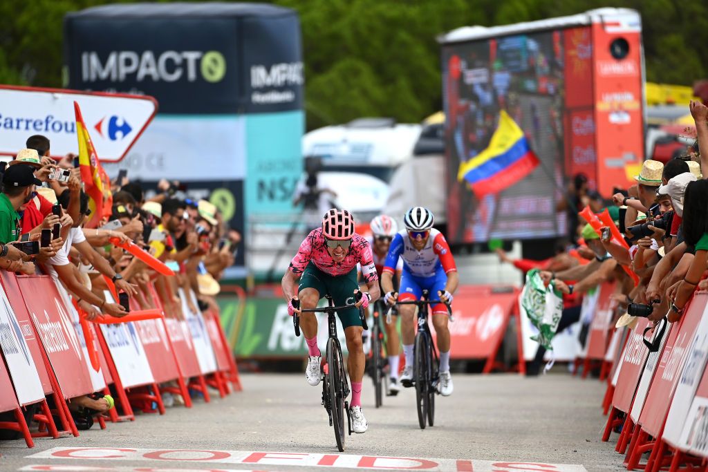 MONASTERIO DE TENTUDA SPAIN SEPTEMBER 07 Rigoberto Uran Uran of Colombia and Team EF Education Easypost sprint at finish line to win the 77th Tour of Spain 2022 Stage 17 a 1624km stage from Aracena to Monasterio de Tentuda 1095m LaVuelta22 WorldTour on September 07 2022 in Monasterio de Tentuda Spain Photo by Tim de WaeleGetty Images