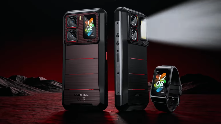 Oukitel WP300 phones and earbud against a black and red rocky background