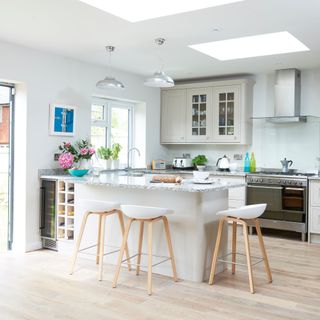 Kitchen with skylights above in extension