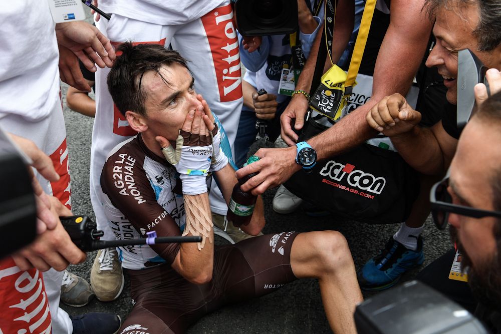 Romain Bardet celebrates after winning stage 12 at the Tour de France