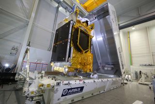 The Anasis-II military communications satellite for South Korea is seen as it is shipped from Airbus' clean room in Toulouse, France to Cape Canaveral, Florida for launch.