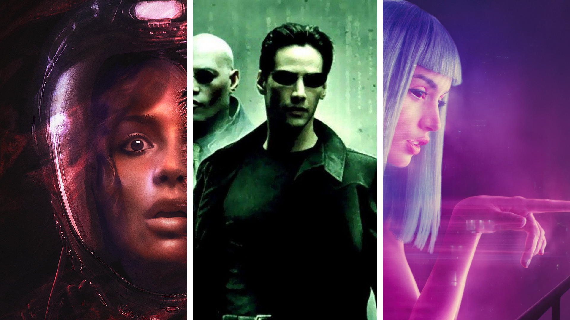 Split image showing three sci-fi movies: Ash, The Matrix, and Blade Runner 2049
