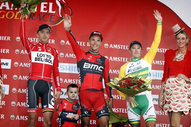 2014 Amstel Gold Race podium: Jelle Vanendert (Lotto Belisol), Philippe Gilbert (BMC), Simon Gerrans (Orica-GreenEdge)