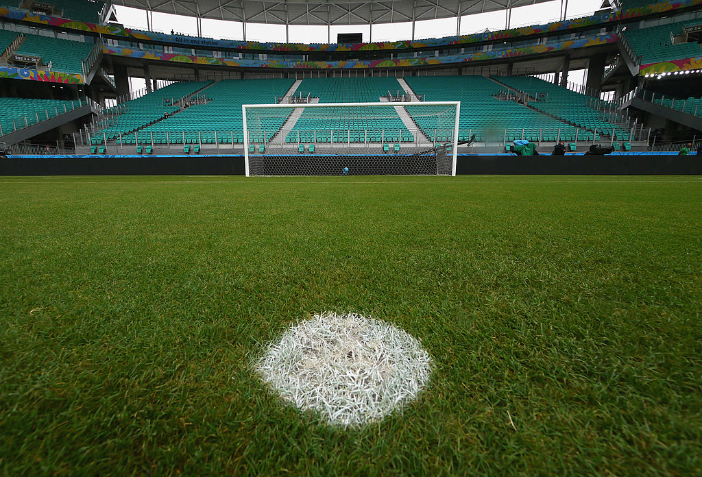 A general view of the goal mouth and the penalty spot prior to the Spain training session ahead of the 2014 FIFA World Cup Group B match between Spain and the Netherlands held at the Arena Fonte Nova on June 12, 2014 in Salvador, Brazil.