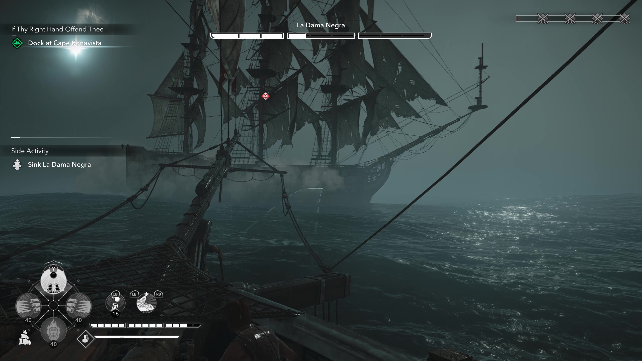 Gameplay of naval combat with the player aiming front cannons at La Dama Negra.