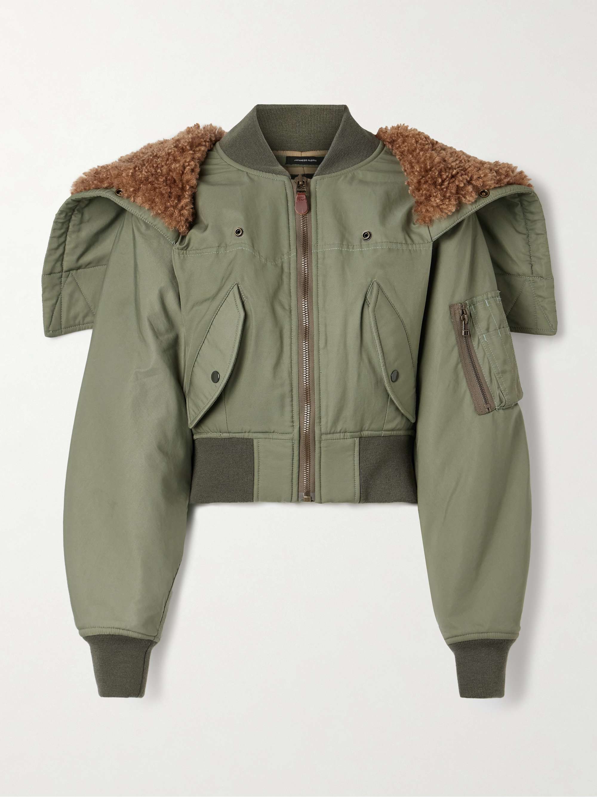 Cropped Fleece-Trimmed Padded Cotton-Blend Shell Bomber Jacket