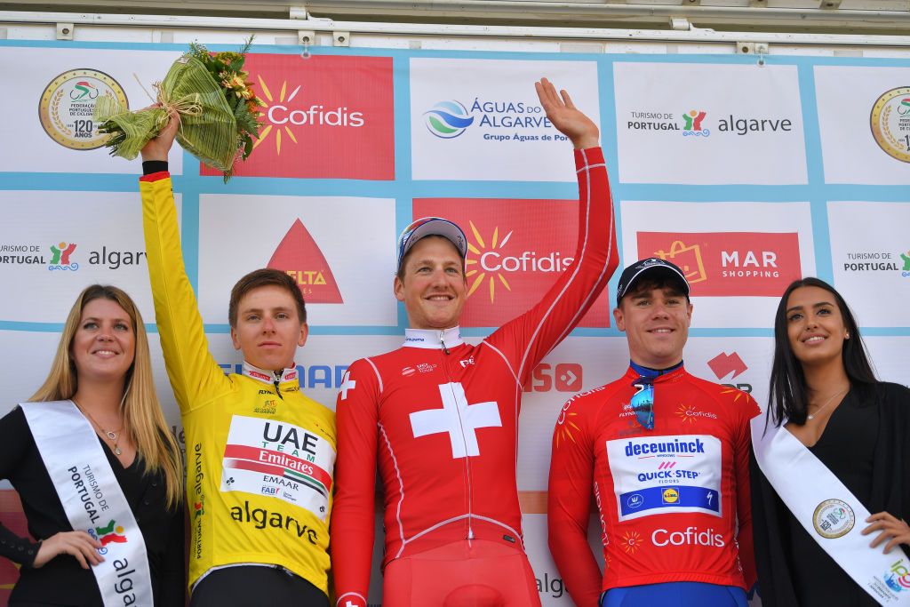 Race leader Tadej Pogacar, stage winner Stefan K&uuml;ng and points leader Fabio Jakobsen