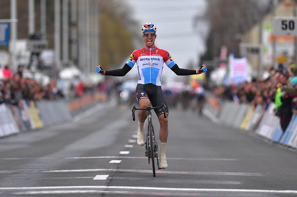 Bob Jungels (Deceuninck-QuickStep) takes a solo victory at Kuurne-Brussel-Kuurne