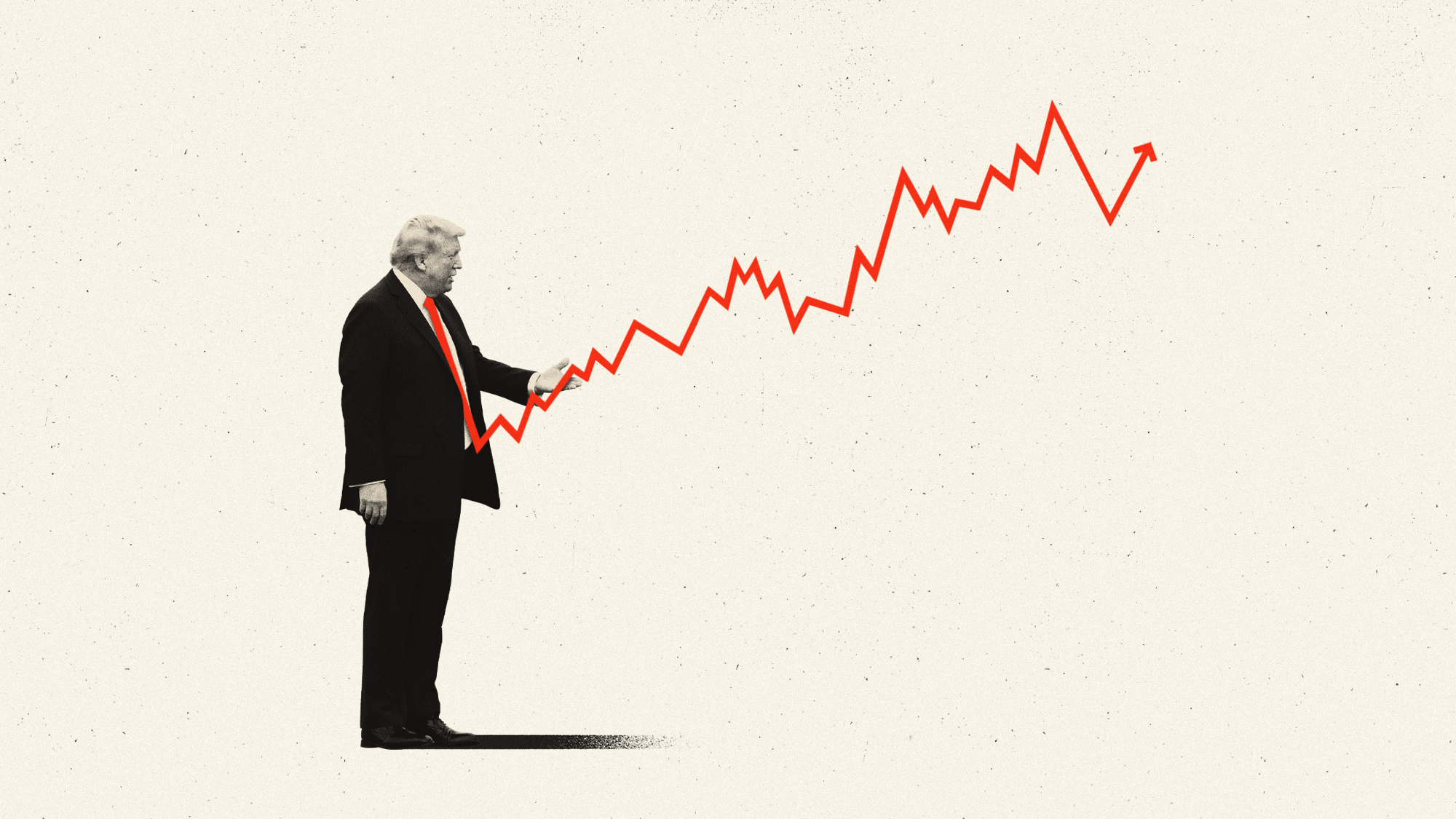 Photo composite illustration of Donald Trump with his signature red tie transforming into a line graph of rising inflation