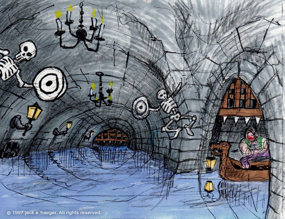 Concept art for an unused boat ride level.