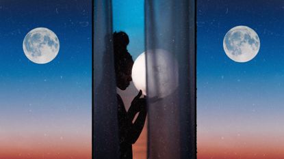 january full moon 2023 feature image; sunset blue and red sky with a full moon on the left and right, and the silhouette of a woman holding the moon in the middle