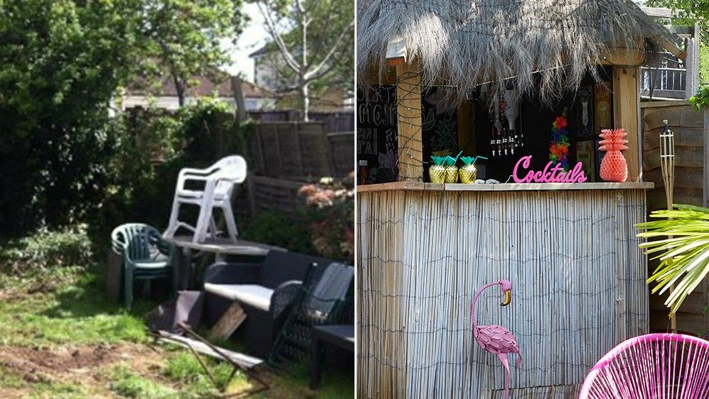 wooden cottage with garden and pink chair