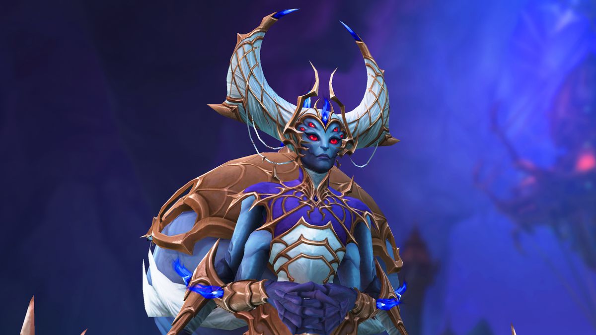 A spider-like character from World of Warcraft The War Within stands on a blue and purple background