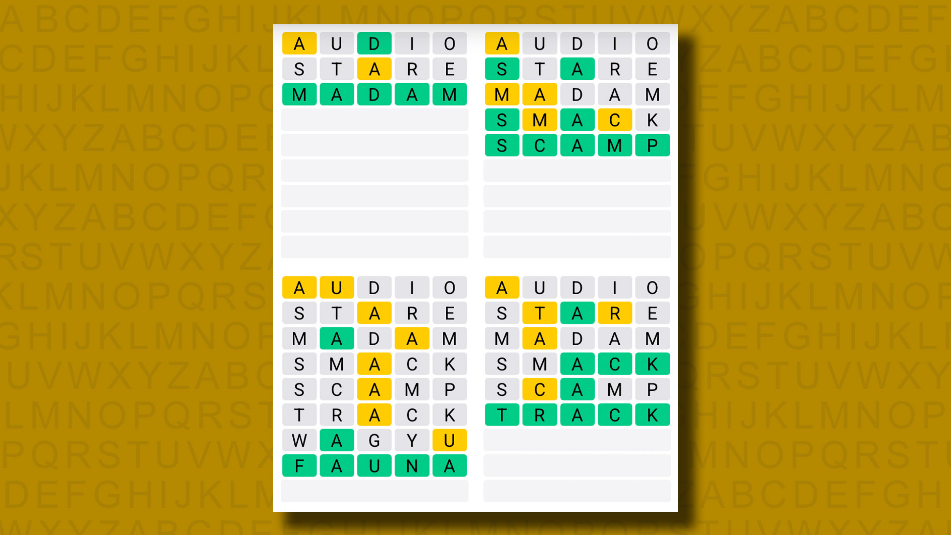 Quordle answers for game 1109 on a yellow background