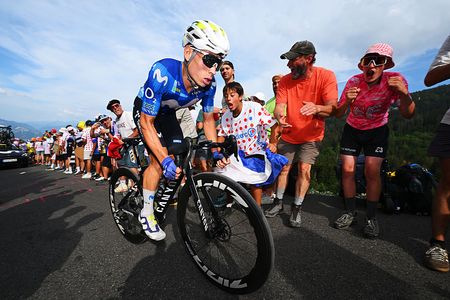 Einer Rubio of Colombia and Team Movistar competes while fans cheer at the Plateau de Solaison (1501m) during the 113th Tour de France 2026