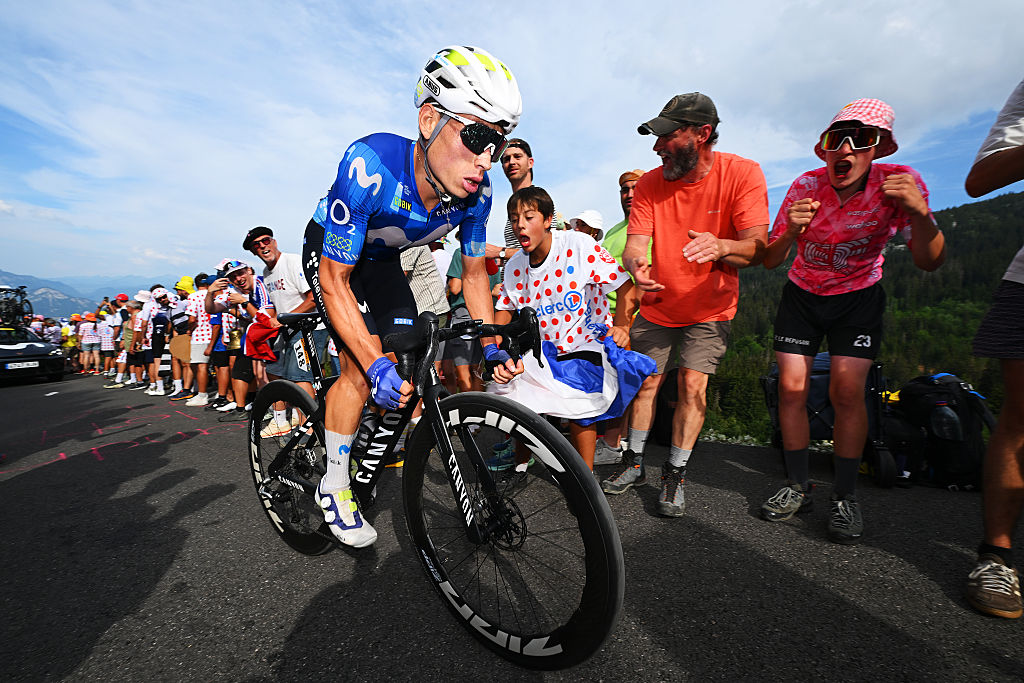Einer Rubio of Colombia and Team Movistar competes while fans cheer at the Plateau de Solaison (1501m) during the 113th Tour de France 2026