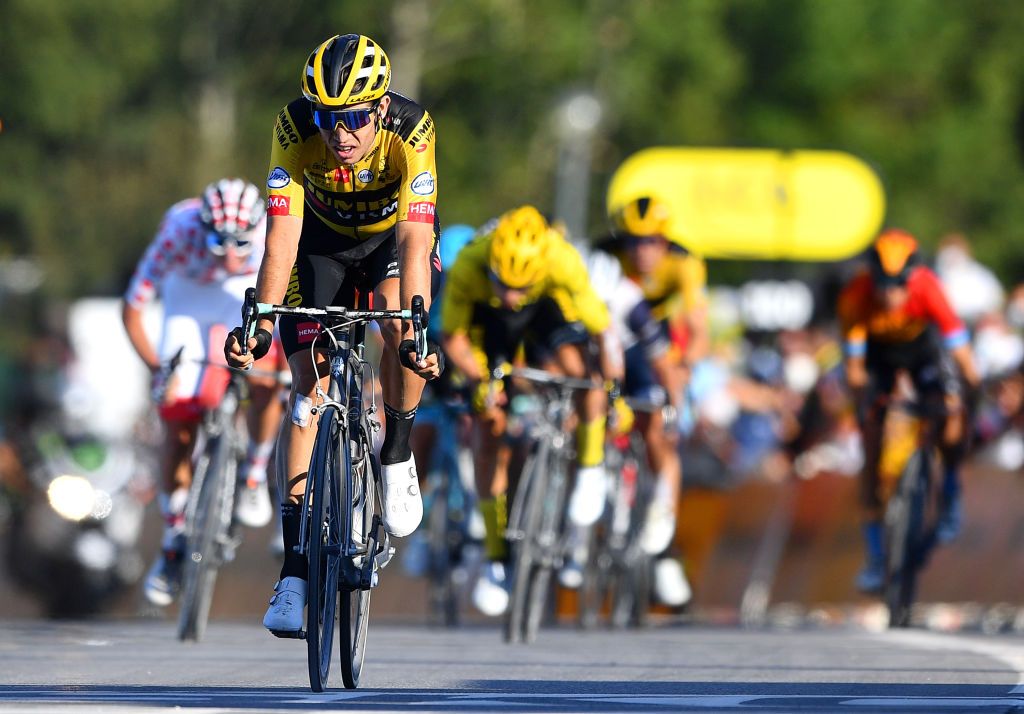 LA ROCHESURFORON FRANCE SEPTEMBER 17 Arrival Wout Van Aert of Belgium and Team Jumbo Visma Celebration during the 107th Tour de France 2020 Stage 18 a 175km stage from Mribel to La Roche sur Foron 543m TDF2020 LeTour on September 17 2020 in La RochesurForon France Photo by Stuart FranklinGetty Images