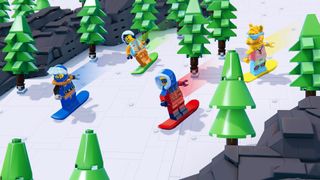 Four figures snowboarding in LEGO Party!