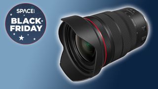 Canon RF 15-35mm f/2.8 L IS USM lens on a blue background on sale for black friday