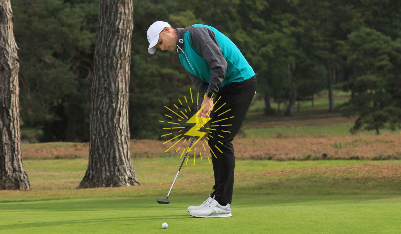 How to cure the putting yips: Neil Tappin hitting a putt with a lightning bolt graphic down the shaft