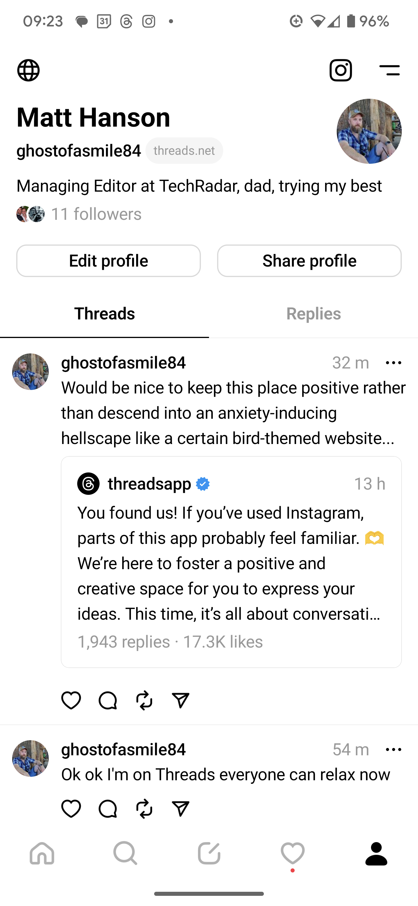 Screenshot of the Threads app