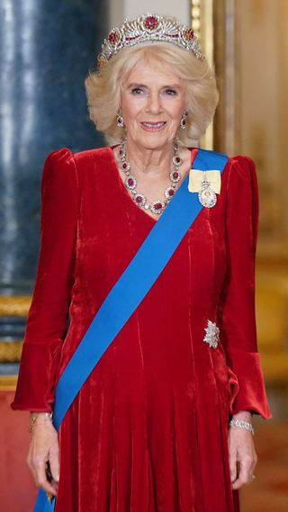 Queen Camilla wearing the Burmese Ruby Tiara
