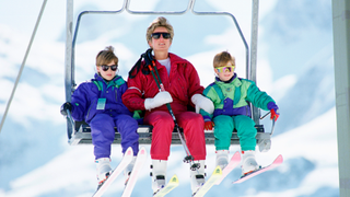 The Princess Of Wales With Her Two Sons, Prince William And Prince Harry On A Chair-lift During A Ski Hloiday In Lech, Austria in 1991