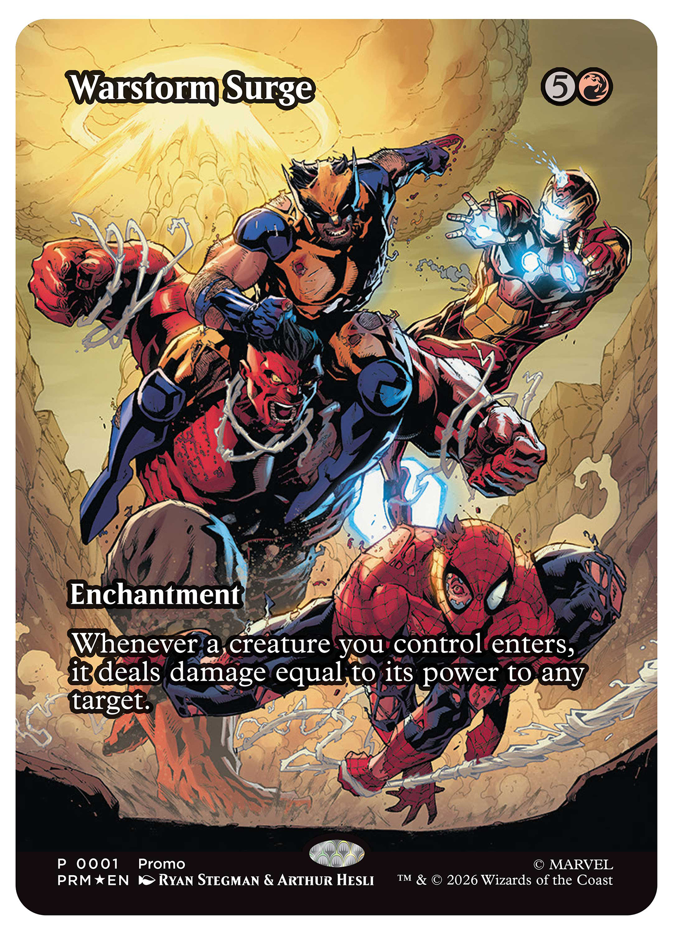 Spider-Man, Wolverine, and Iron Man trying to tame the rampaging Red Hulk on the exclusive Magic: The Gathering card 'Warstorm Surge.'