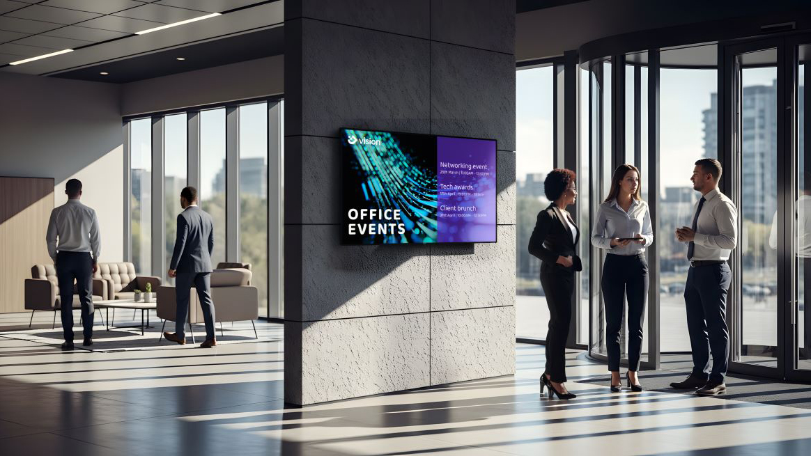 The new PPDS digital signage, lightweight display on a column in a corporate lobby. 