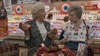 Clairee and Ouiser with a full shopping cart at the grocery store in Steel Magnolias