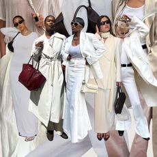 A collage of women wearing all-white outfits. 