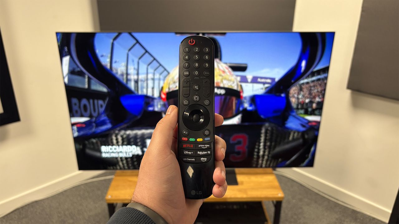A close-up of the LG G5 OLED TV's remote control.