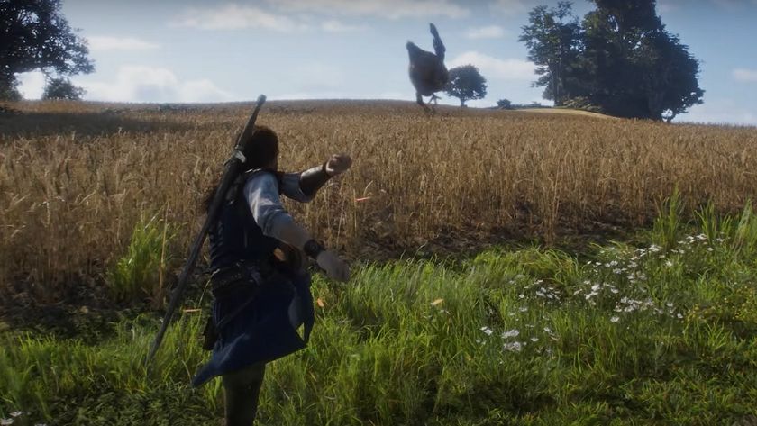 Fable 4 screenshot of the protagonist kicking a chicken in a field