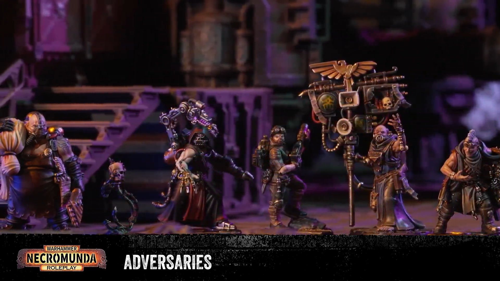 Warhammer Necromunda TTRPG adversaries in a rusty, industrial backdrop