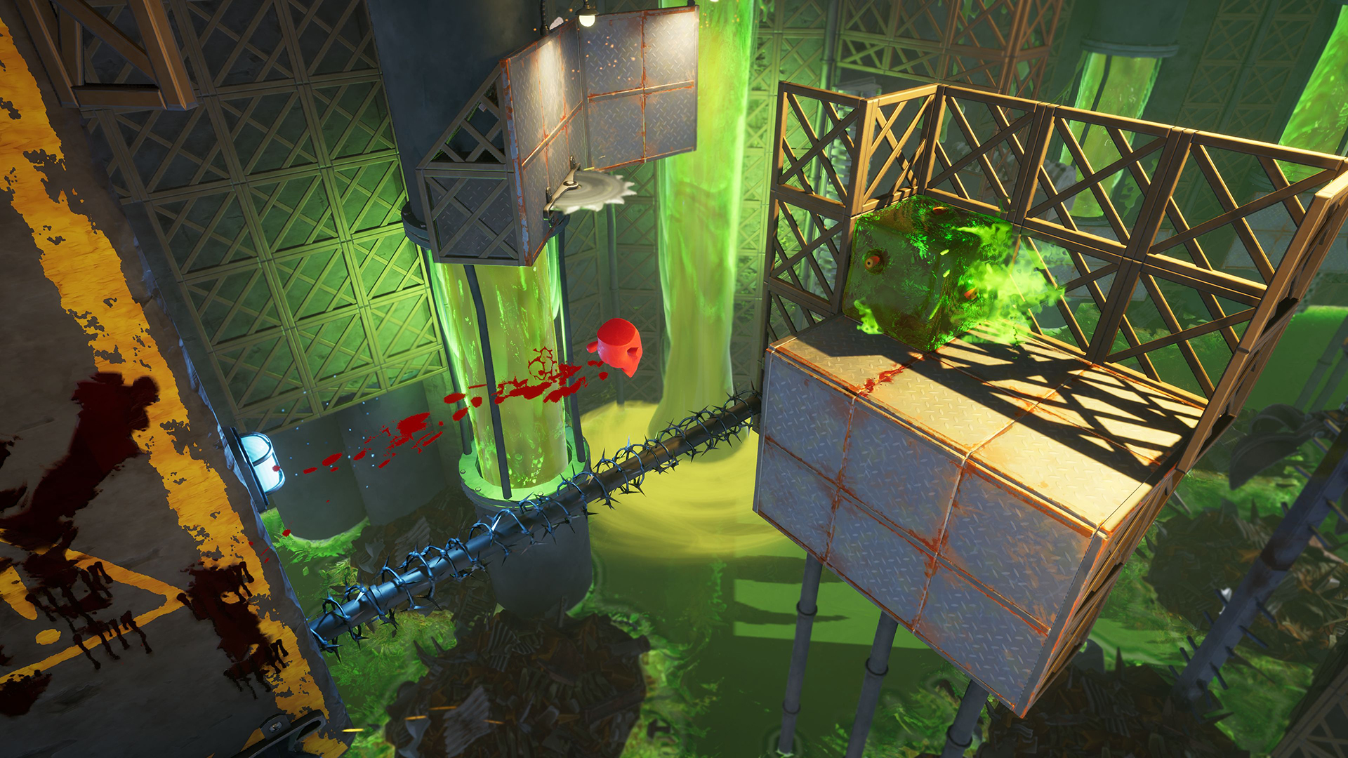 Super Meat Boy 3D gameplay on Switch 2 showing the protagonist, a red cube of meat, running between lasers and blades