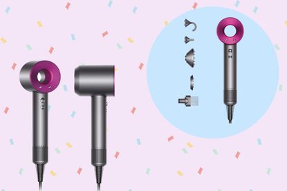 A collage of the Dyson Supersonic hair dryer that's on sale for Cyber Monday 2022